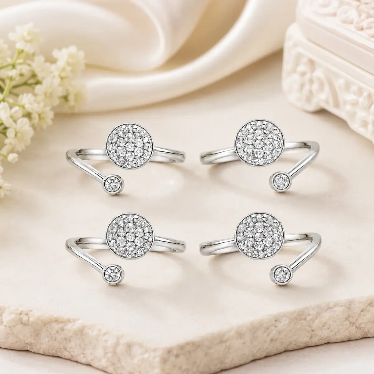 925 Sterling Silver A Toe Ring Pair Of 2 Stylish Round CZ Design For Women